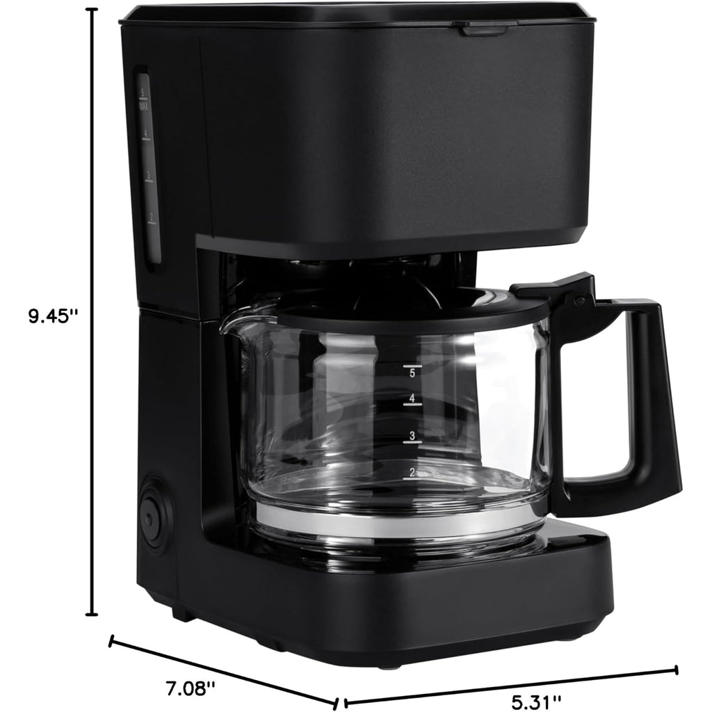 Amazon Basics 5 Cup Drip Coffee Maker with Glass Coffee Pot (0.8 Qt), Auto Shut-off, Auto Pause, Removable Filter Basket, Matte Black