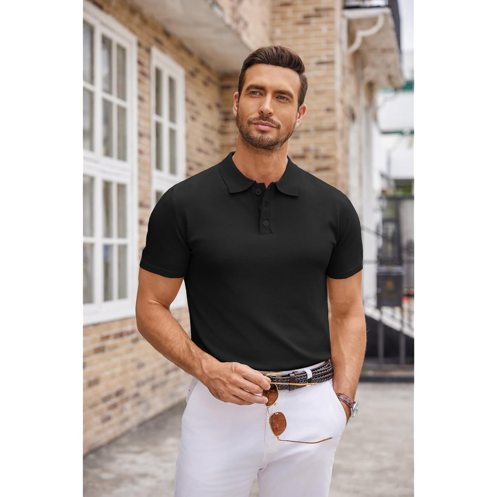 Coofandy Mens Knit Polo Shirts Casual Short Sleeve Button Down Polo Shirt Classic Golf Shirts