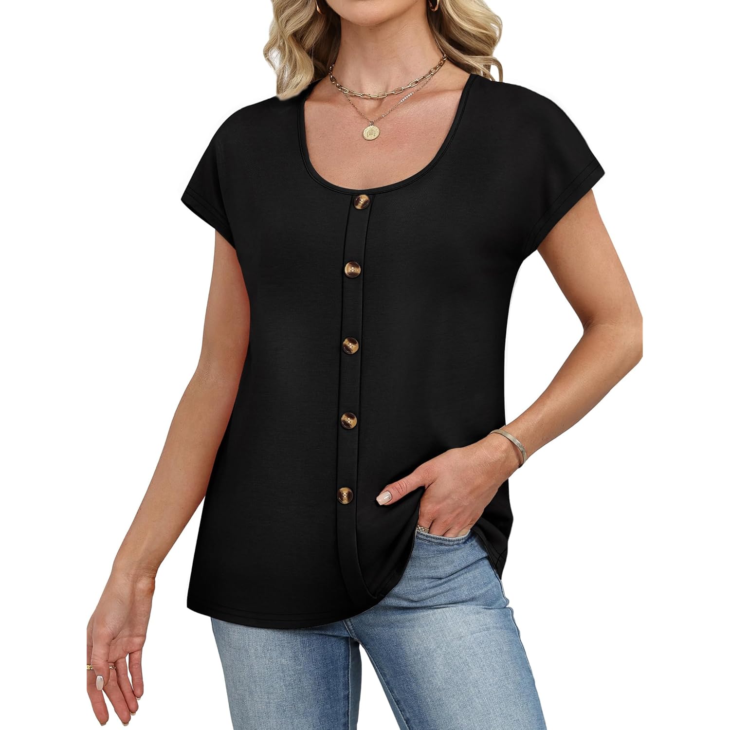Womens Summer Tops Cap Short Sleeve Shirts Button Down Blouses U Neck T Shirts Fashion Clothing