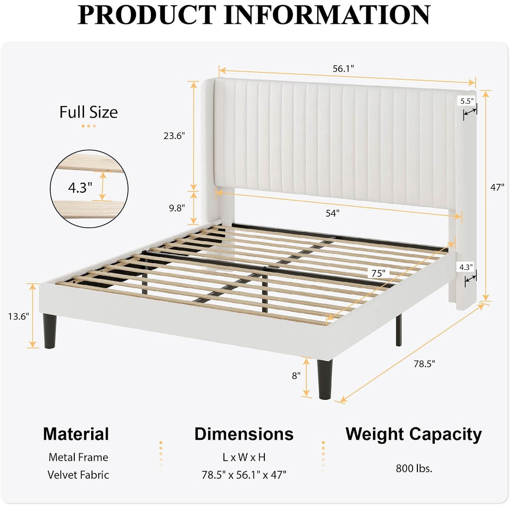 Sha Cerlin Full Size Velvet Bed Frame With Vertical Channel Tufted Wingback Headboard, Upholstered Platform Bed With Wood Slats, No Box Spring Needed, Easy Assembly, White