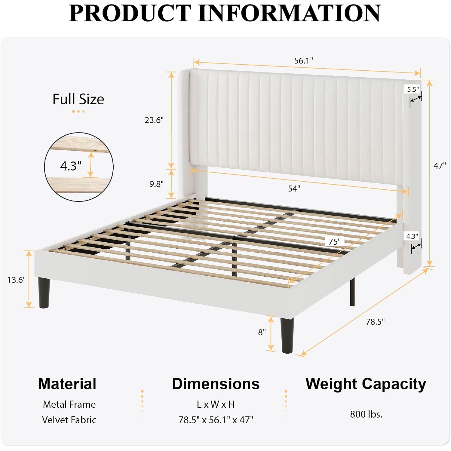 Sha Cerlin Full Size Velvet Bed Frame With Vertical Channel Tufted Wingback Headboard, Upholstered Platform Bed With Wood Slats, No Box Spring Needed, Easy Assembly, White