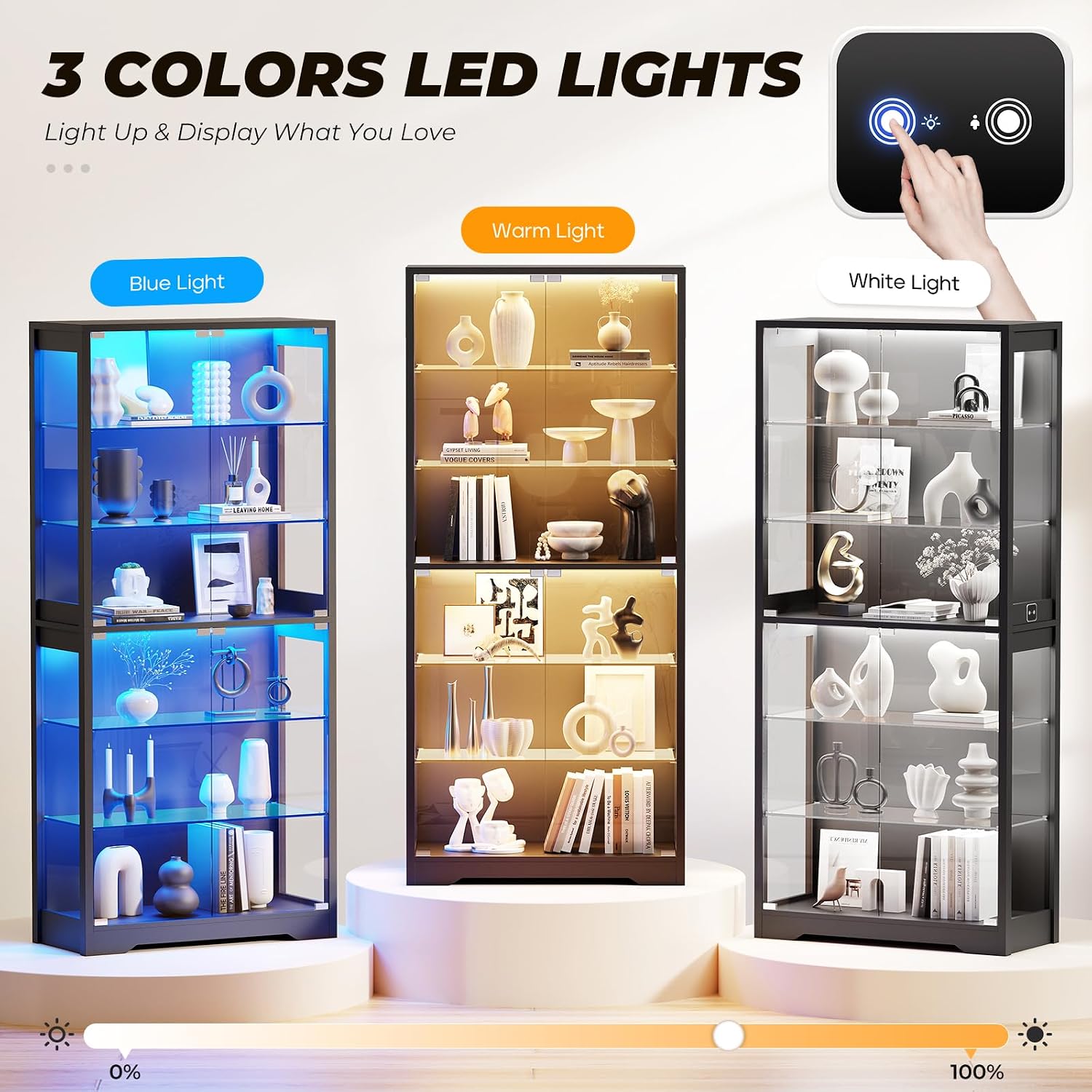 Brottar 71" Tall Display Cabinet With Glass Door And 3-Color Lights | 6-Tier Curio Cabinet For Collectibles, Display Case With Adjustable Glass Shelves, Human Body Sensor, Storage Cabinets, Black