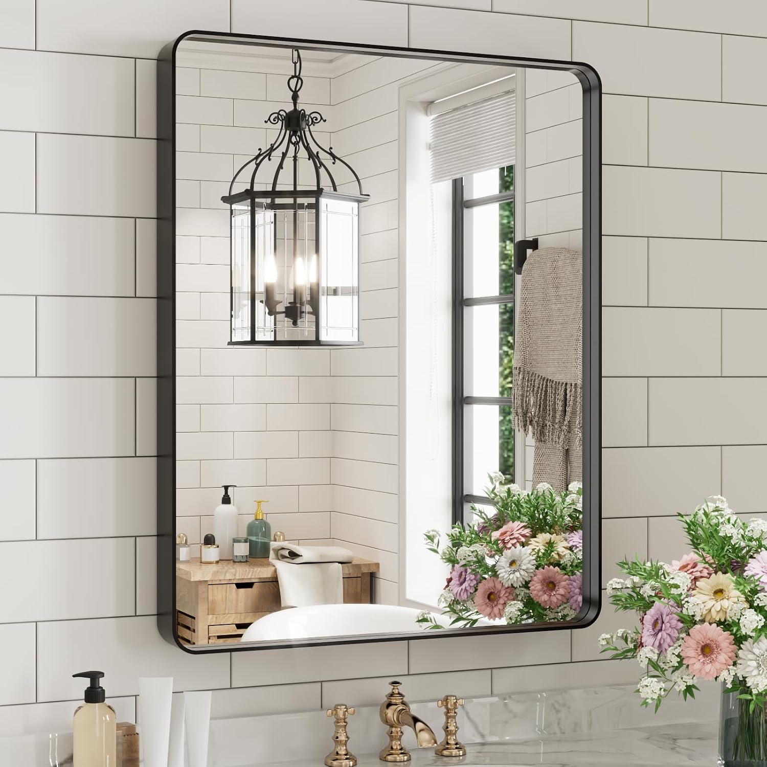 Weer Black Bathroom Vanity Mirror 20X28 Inch, Rounded Rectangle Black Metal Framed Mirror For Over Sink Wall, Farmhouse Matte Black Mirror, Tempered Glass, Anti-Rust, Hangs Horizontal Or Vertical