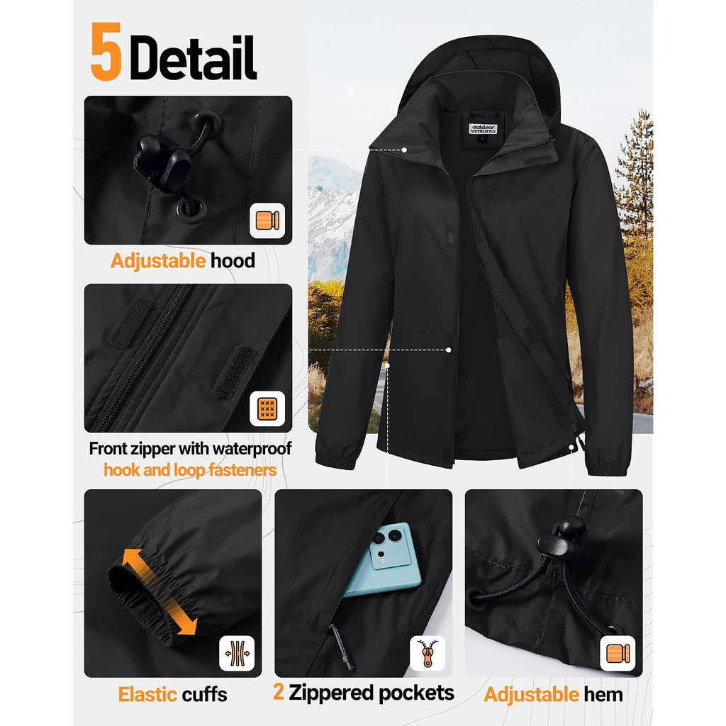 Outdoor Ventures Women'S Rain Jacket Lightweight Packable Waterproof Rain Coat With Hood For Travel Golf Hiking Windbreaker