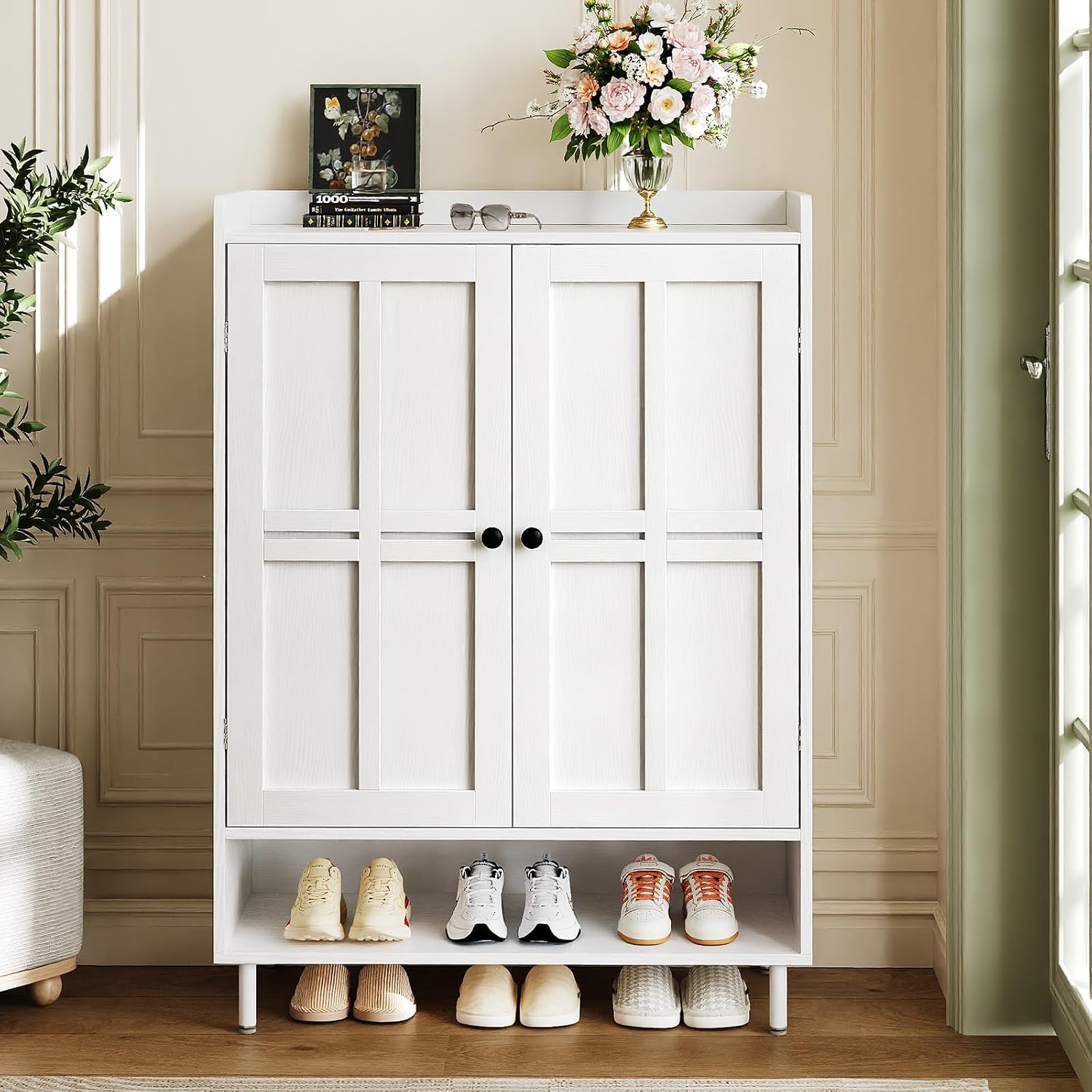 White 7+1 Tier Farmhouse Shoe Storage Cabinet - 45" Tall Entryway Organizer With Cross Molding Doors, 3 Adjustable Shelves & Metal Legs, Shoe Rack For Front Door Entrance