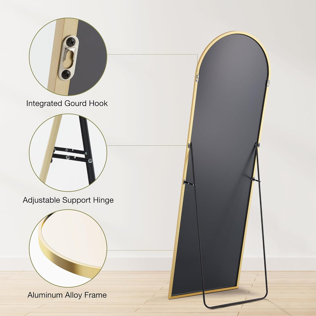 Sweetcrispy 64"x21" Arched Full Length Mirror, Leaning or Standing Full Body Mirror with Aluminum Alloy Thin Frame, Suitable for Bedroom or Cloakroom,Gold