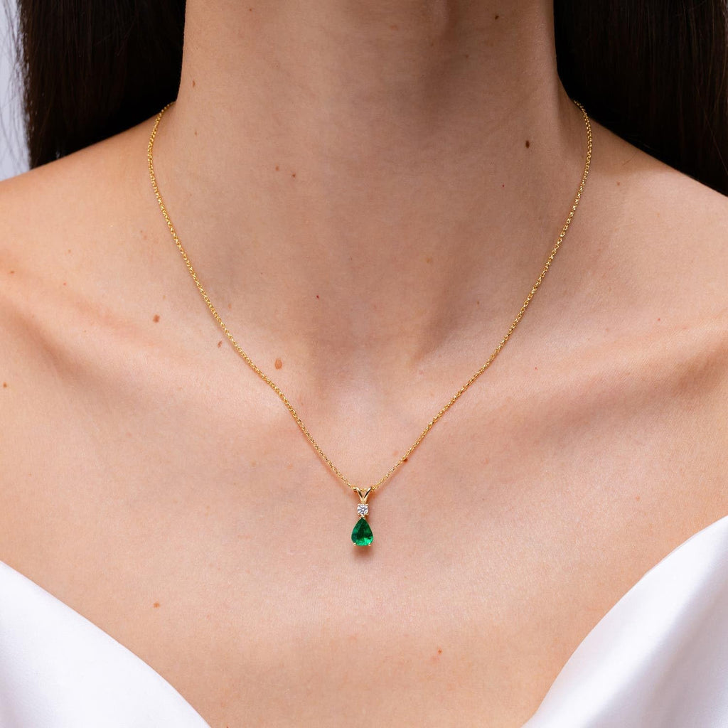 Angara Emerald Teardrop Necklace with Diamond in Silver/14K Solid Gold/Platinum | Natural Prong-Set Emerald V-Bale Pendant With 18" Chain for Women | July Birthday Gemstone Jewelry Gift