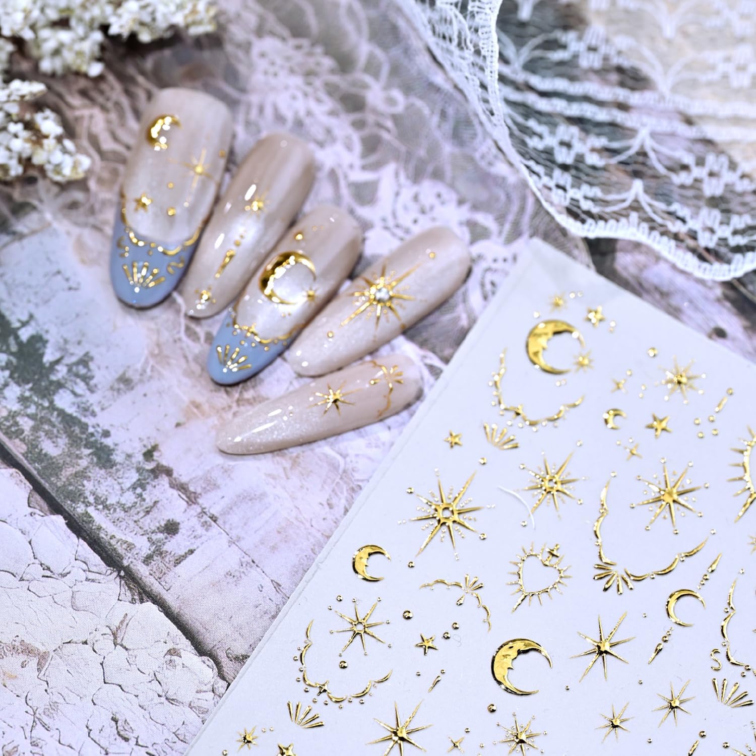 Gold Star Nail Stickers 5D Embossed Nail Art Stickers Decals with Gold Moon Heart Design Nail Stickers for Nail Art Self-Adhesive for Women Nail Art Manicure Decor