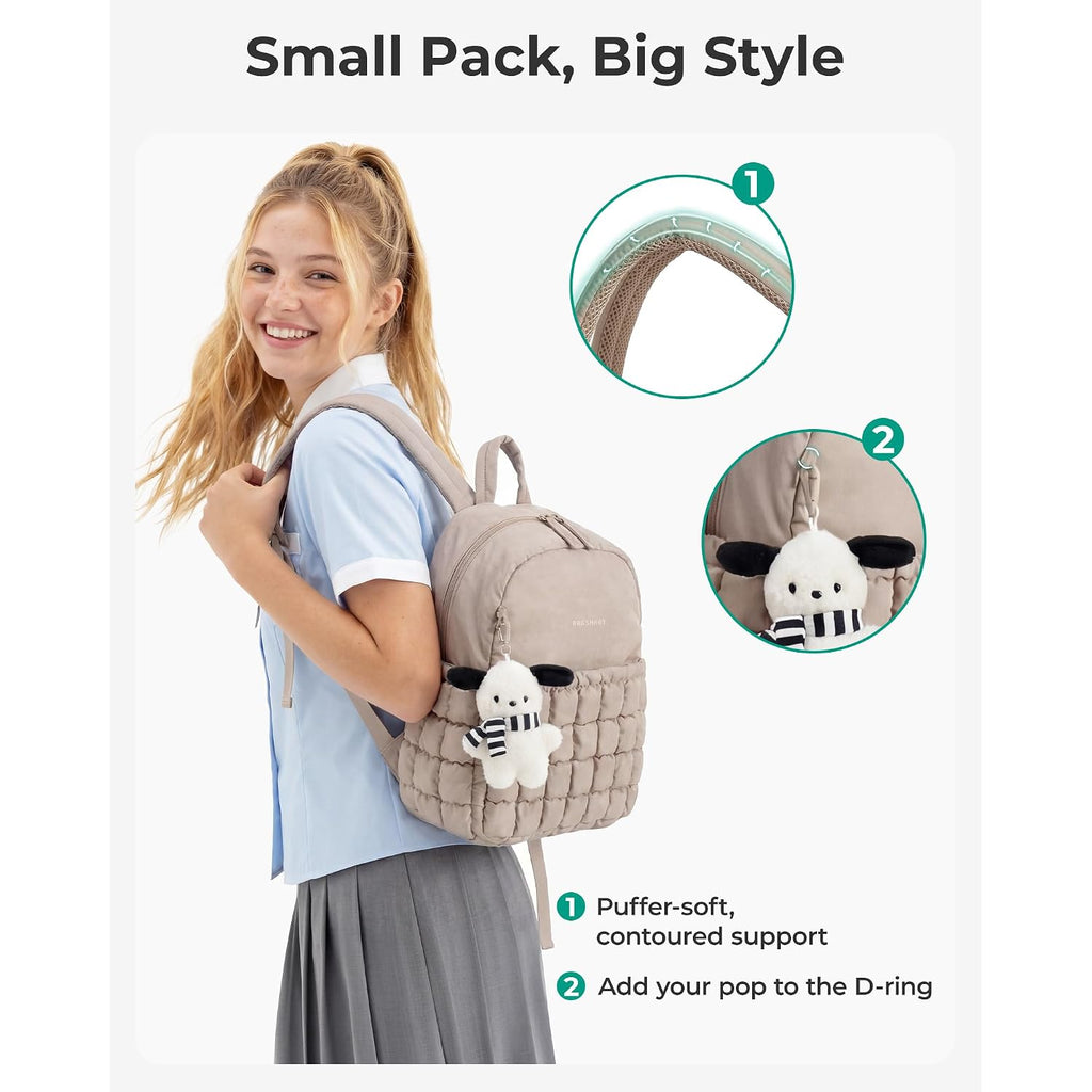 Bagsmart Mini Backpacks For Women, Puffy Checkered Quilted Small Backpack With Pouch, Lightweight Daypack Purse, Water-Resistant Bookbag For Daily Travel College, 2-In-1 Set, Brown