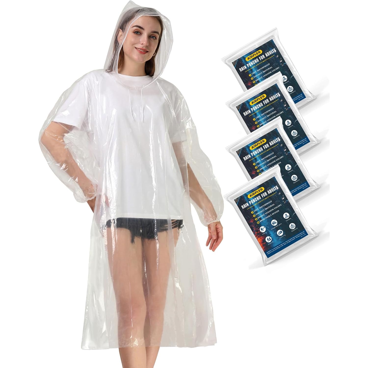 Disposable Rain Ponchos For Adults, Clear Poncho With Hood, Emergency Raincoats For Hiking, Camping, Travel