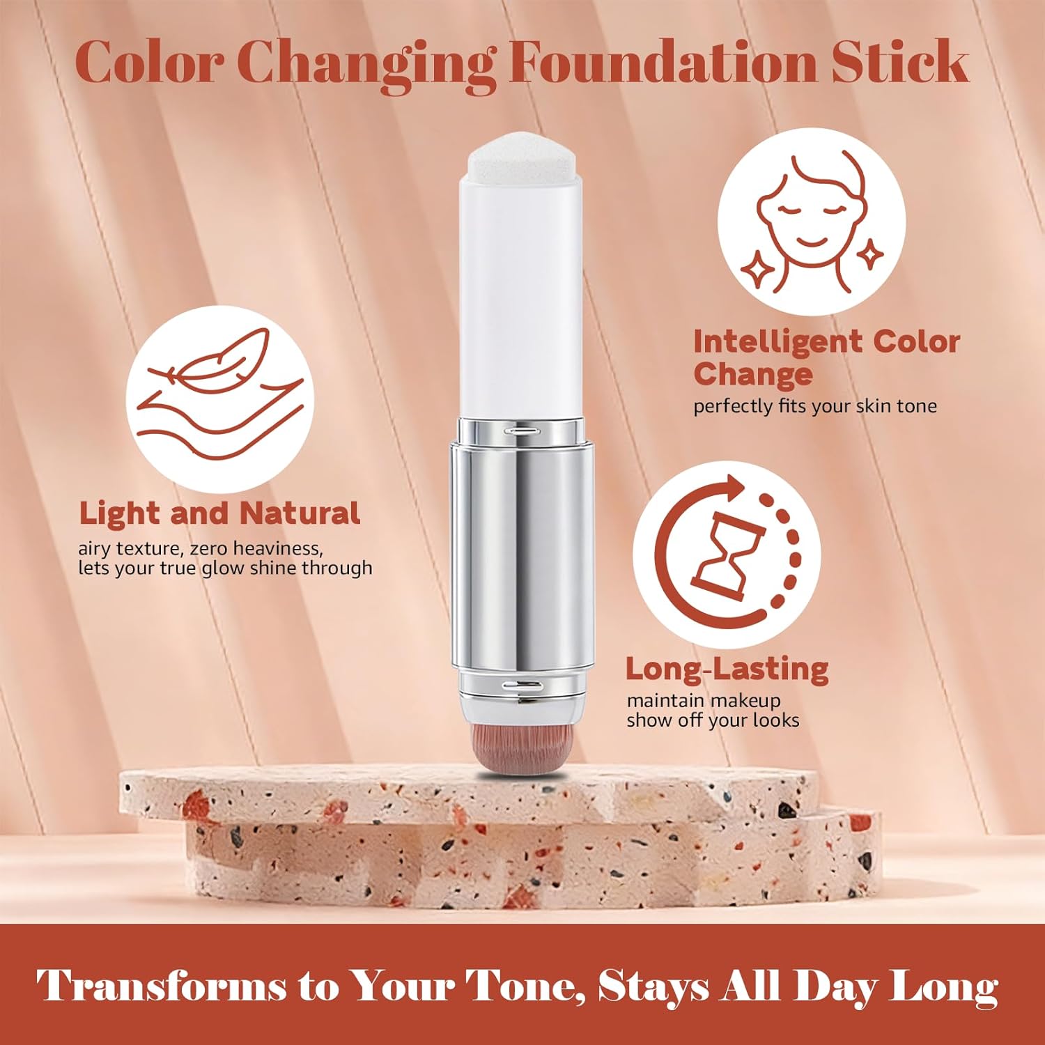 Color Changing Foundation Stick - 2 in 1 Dual Ended White Foundation Stick, Long Lasting Waterproof Full Coverage Concealer Stick for Face (1#Natural)