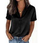 Prettygarden Womens 2026 Summer Button Down Shirts Short Sleeve Work Tops Dressy Satin Blouses Spring Business Casual Outfits