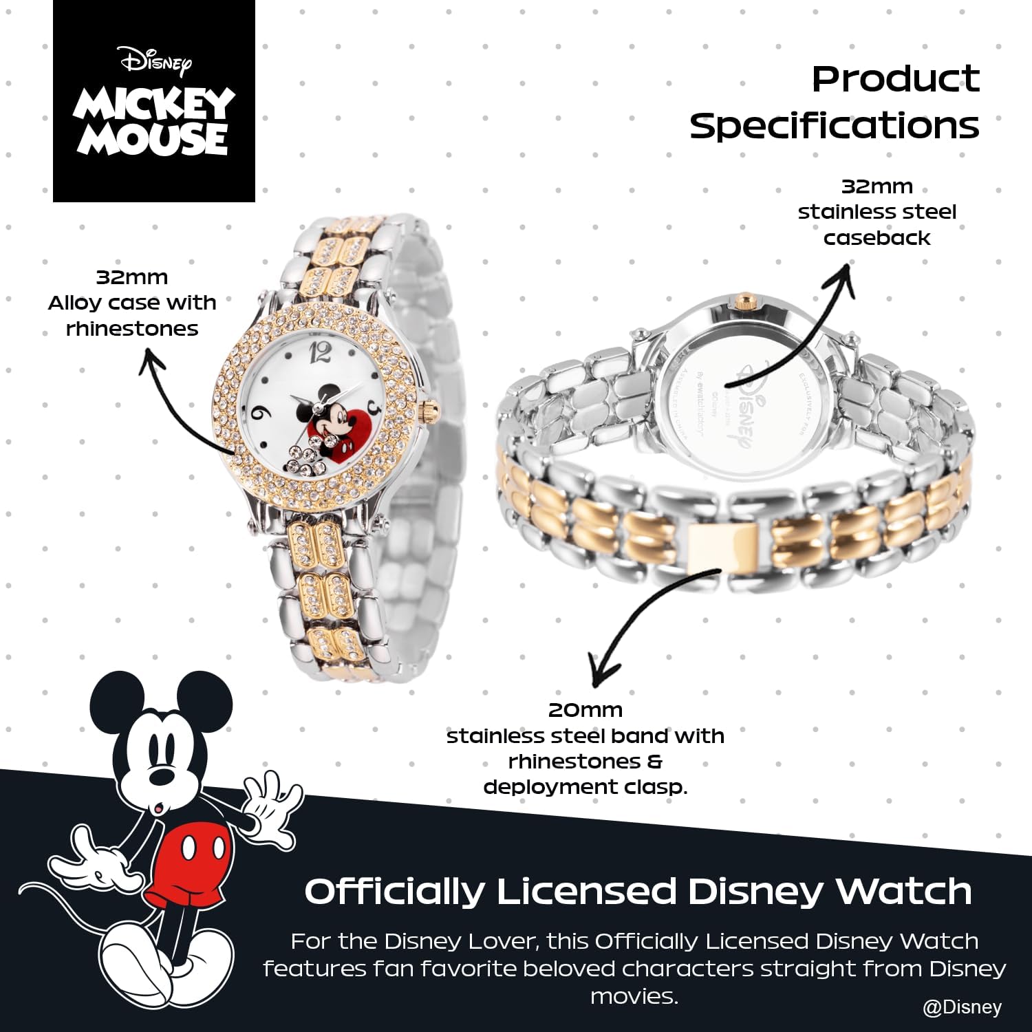 Disney Mickey Mouse Watch – Stylish & Fun Mickey Mouse Watches For Women – Classic Inspired Timepiece – Women'S Watch With White Dial & Floating Stones, Multicolor Stainless Steel Strap