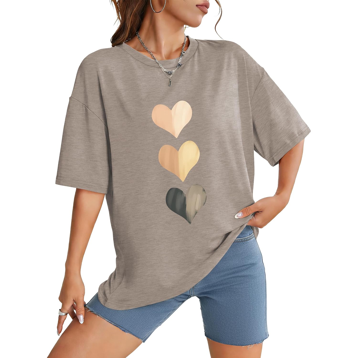 WIHOLL Oversized Tshirts for Women Summer Crew Neck Short Sleeve Graphic Tees Casual Loose Fit Workout Tops 2026 Heart Shaped Print