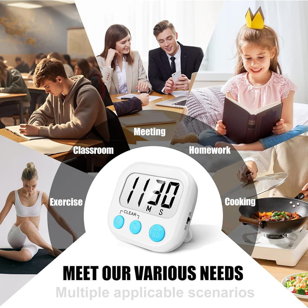 2 Pack Digital Kitchen Timer For Cooking Big Digits Loud Alarm Magnetic Backing Stand Cooking Timers For Baking White