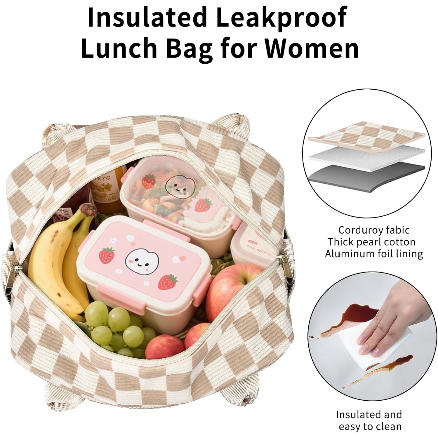 Lunch Bag Women Lunch Box For Women Adult Cute Insulated Lunch Bag Lager Cooler Lunch Tote Bags For Work Picnic (Beige-Brown Plaid)