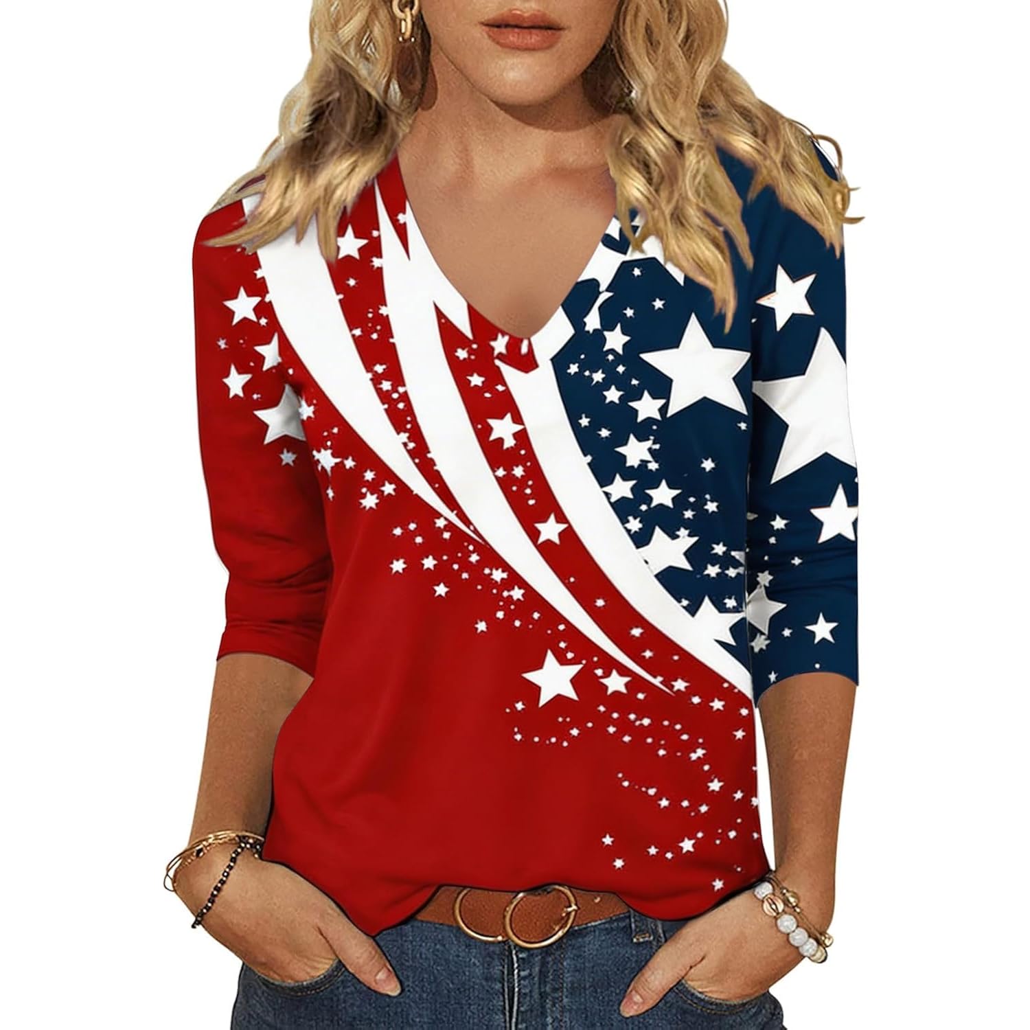 Woffccrd Womens 3/4 Sleeve V Neck American Flag T-Shirts 4th of July Independence Day Summer Graphic Tee Tops