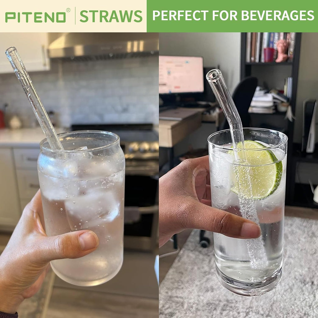 Piteno® 12Pcs Glass Straws With 4Pcs Brushes, Reusable Clear Glass Drinking Straws, 8.5''X10Mm, Set Of 6 Straight And 6 Bent With 4 Cleaning Brushes, Perfect For Smoothies, Milkshakes, Juice, Tea