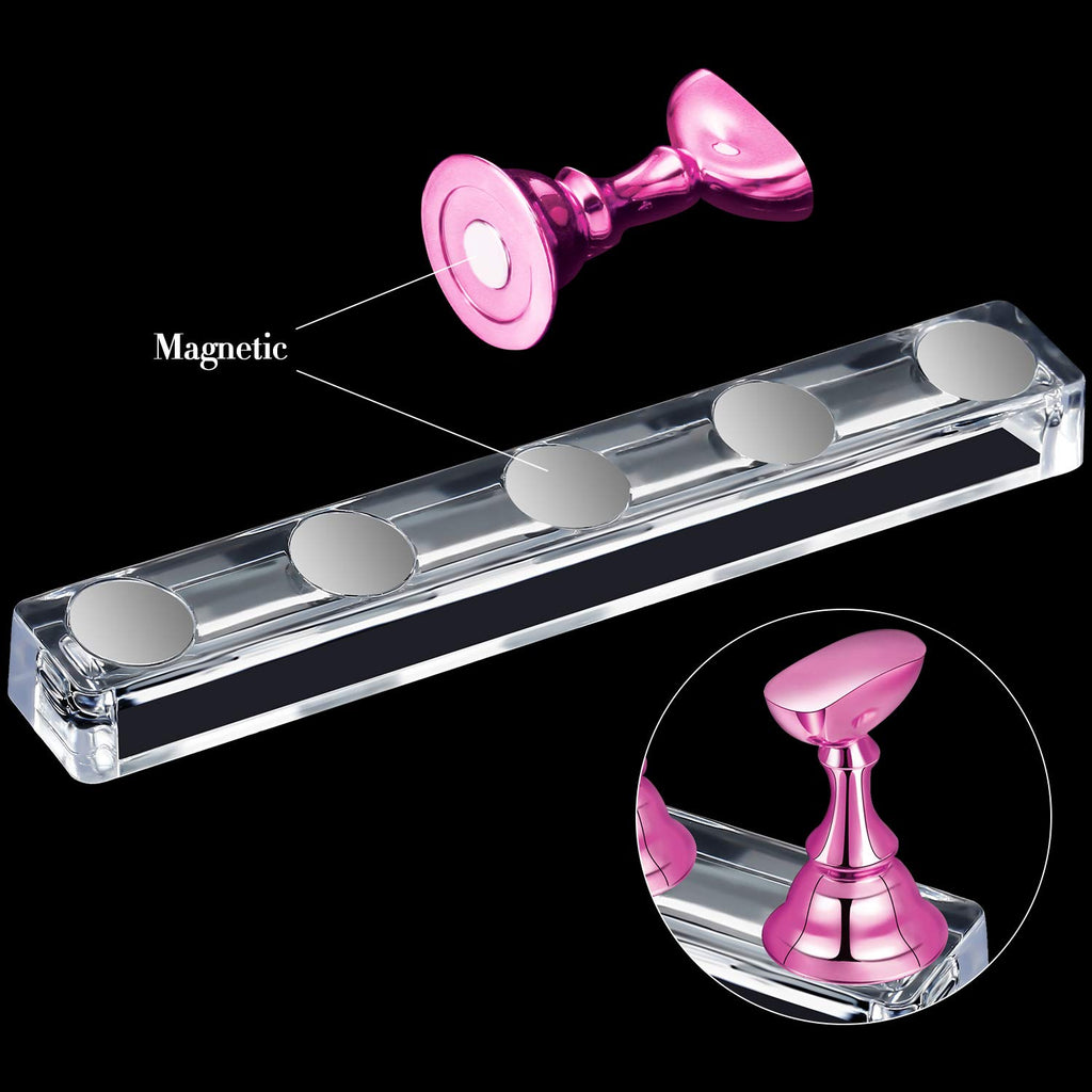 2 Set Nail Stand for Painting Press Nail Holder Acrylic Magnetic Tips Training Fingernail Display Stands DIY Crystal Holders and 96 Pieces White Reusable Adhesive Putty(Metal Pink and Silver)