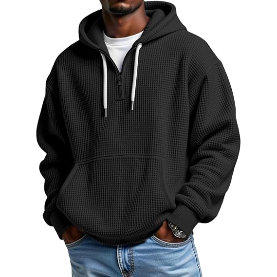 Men's Waffle Knit Quarter Zip Hoodie Long Sleeve Pullover Sweatshirt with Pockets