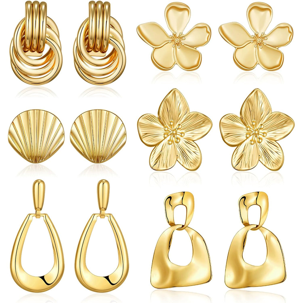 6 Pairs Chunky Gold Earrings For Women Trendy Statement Gold Plated Flower Shell knot Dangle Earrings Lightweight Hypoallergenic Fashion Jewelry Set