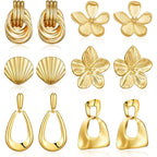 6 Pairs Chunky Gold Earrings For Women Trendy Statement Gold Plated Flower Shell knot Dangle Earrings Lightweight Hypoallergenic Fashion Jewelry Set