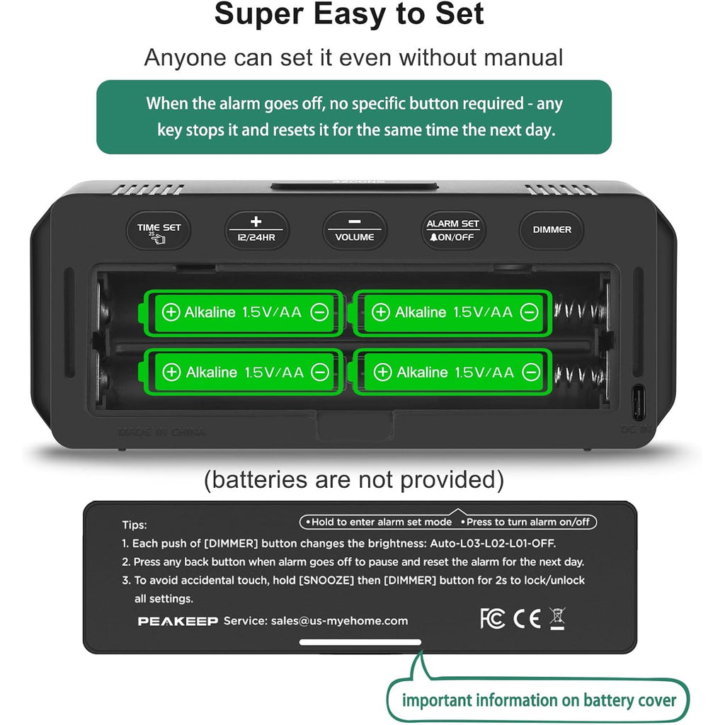 Peakeep Small Battery Powered Digital Alarm Clock | Cordless Home Travel Portable, 1.65" Large Numbers Auto Brightness, Led Display 4 Dimmers, 5 Volumes