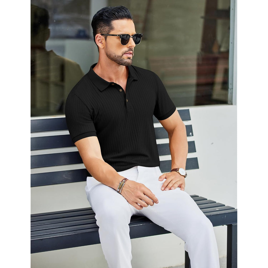 Coofandy Men'S Textured Polo Shirts Short Sleeve Slim Fit Casual Button Polo T-Shirt Summer Collared Golf Shirt