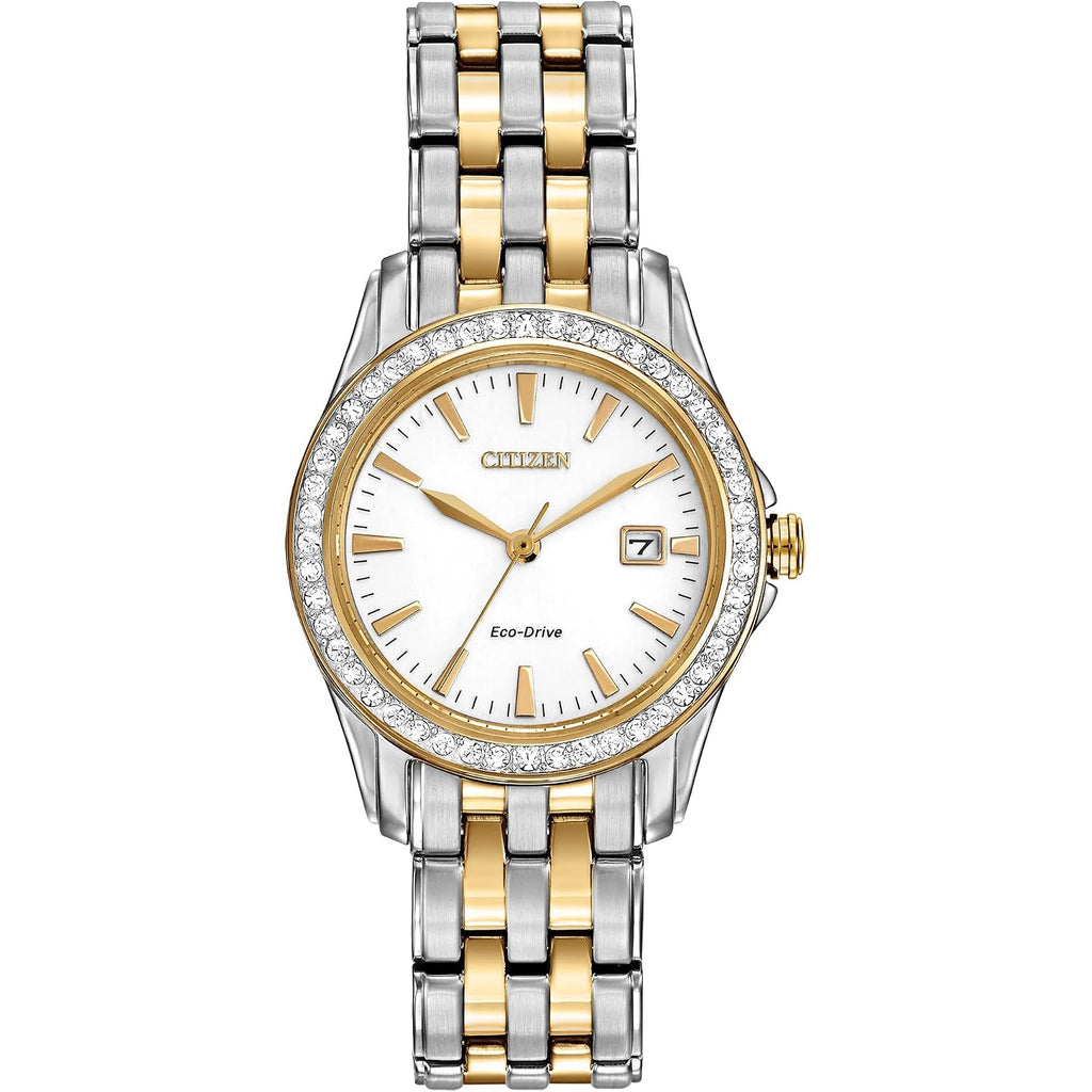 Citizen Women'S Eco-Drive Dress Classic Crystal Watch In Two-Tone Stainless Steel, Silver Dial, 28Mm (Model: Ew1908-59A)