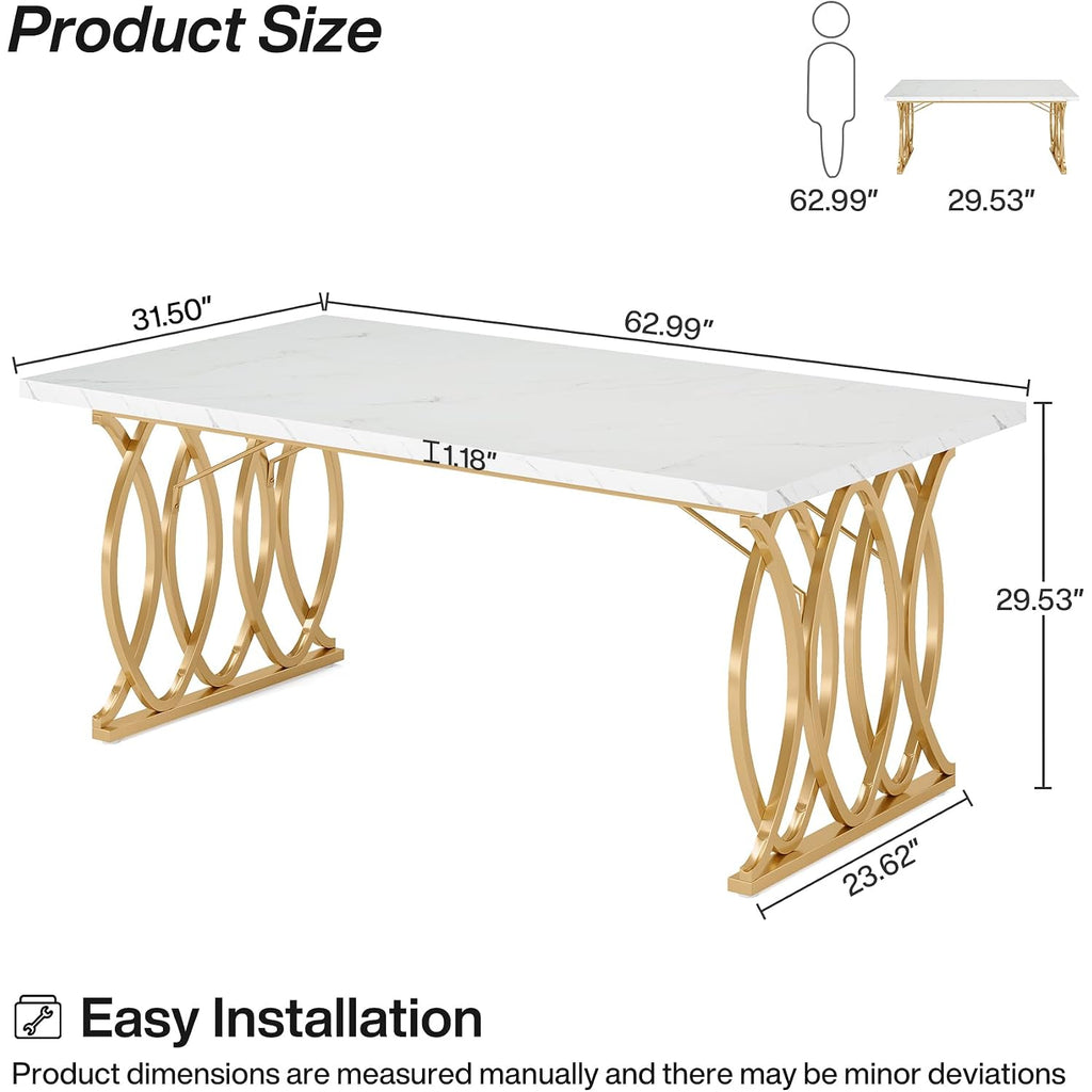Tribesigns 63" Dining Table For 4 To 6, White And Gold Kitchen Table | Modern Large Rectangular Dinner Table Kitchen & Dining Room Furniture With Faux Marble Tabletop And Geometric Legs
