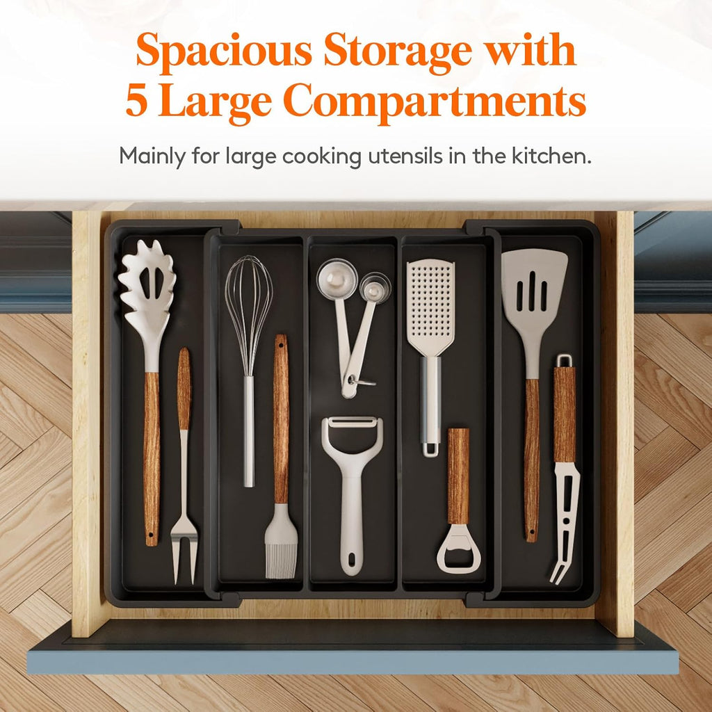 Lifewit Utensil Organizer For Kitchen Drawers, Expandable Cooking Utensil Tray, Adjustable Cutlery Silverware Flatware Holder, Plastic Spatula Tools Storage Divider, 11-18 X 14", Black
