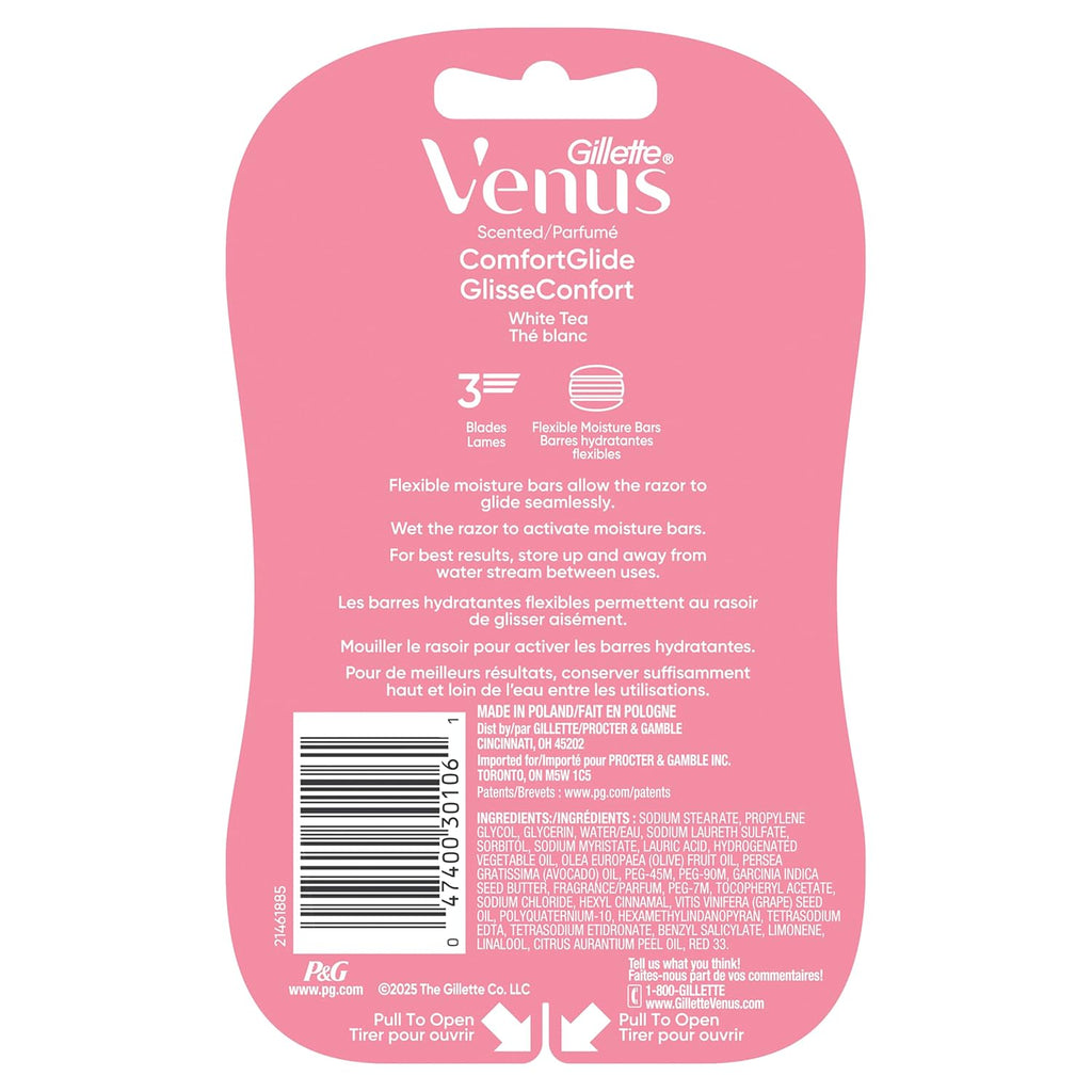 Gillette Venus ComfortGlide Disposable Razors for Women, 2 Count, White Tea Scented Moisture Bars for a Smooth Shave