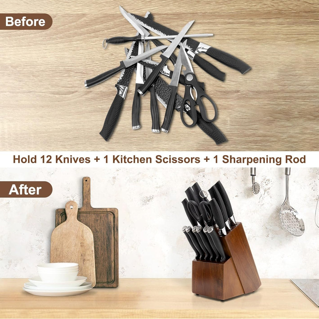Universal Knife Block Without Knives - 14 Slot Wooden Knife Holder For Countertop, Large Bamboo Knife Storage Organizer, Butcher Block Knife Stand For Kitchen (Brown)