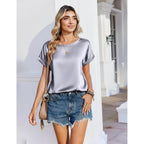 Satin Blouse for Women Business Casual Outfit Short Sleeve Tops Crewneck Tshirt Silk Shirt Summer Clothes