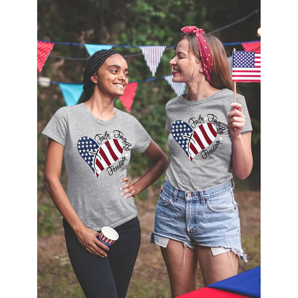 4th of July Shirts Women Faith Family Freedom Tshirt American Flag T Shirts Star Stripes Patriotic Shirts Top