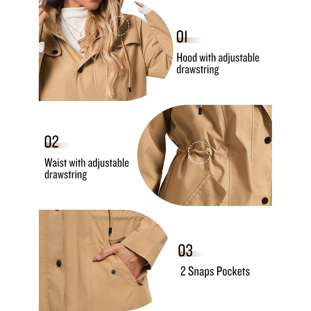 Saphirose Women'S Rain Jacket Waterproof Rain Coat With Hood Outdoor | Long, Windbreaker, Raincoat, Lightweight, Drawstring Waist, Snap Pockets, Camping, Travel, Daily Wear, Walking Dog