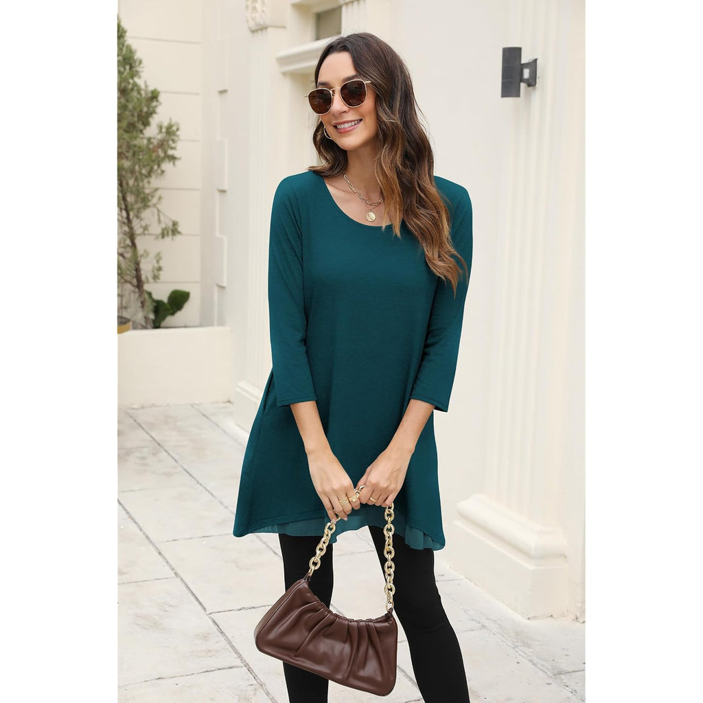 Womens 3/4 Sleeve Tunic Tops to Wear with Leggings Layered Chiffon Hem Casual Long Shirts with Pockets