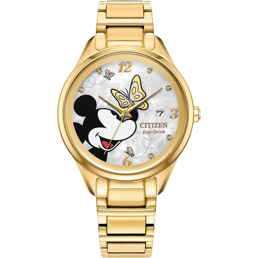 Citizen Ladies Eco-Drive Mickey Mouse Watch, Gold-Tone Stainless Steel Case & White Mother-Of-Pearl Dial (Style: Fe6192-51D)
