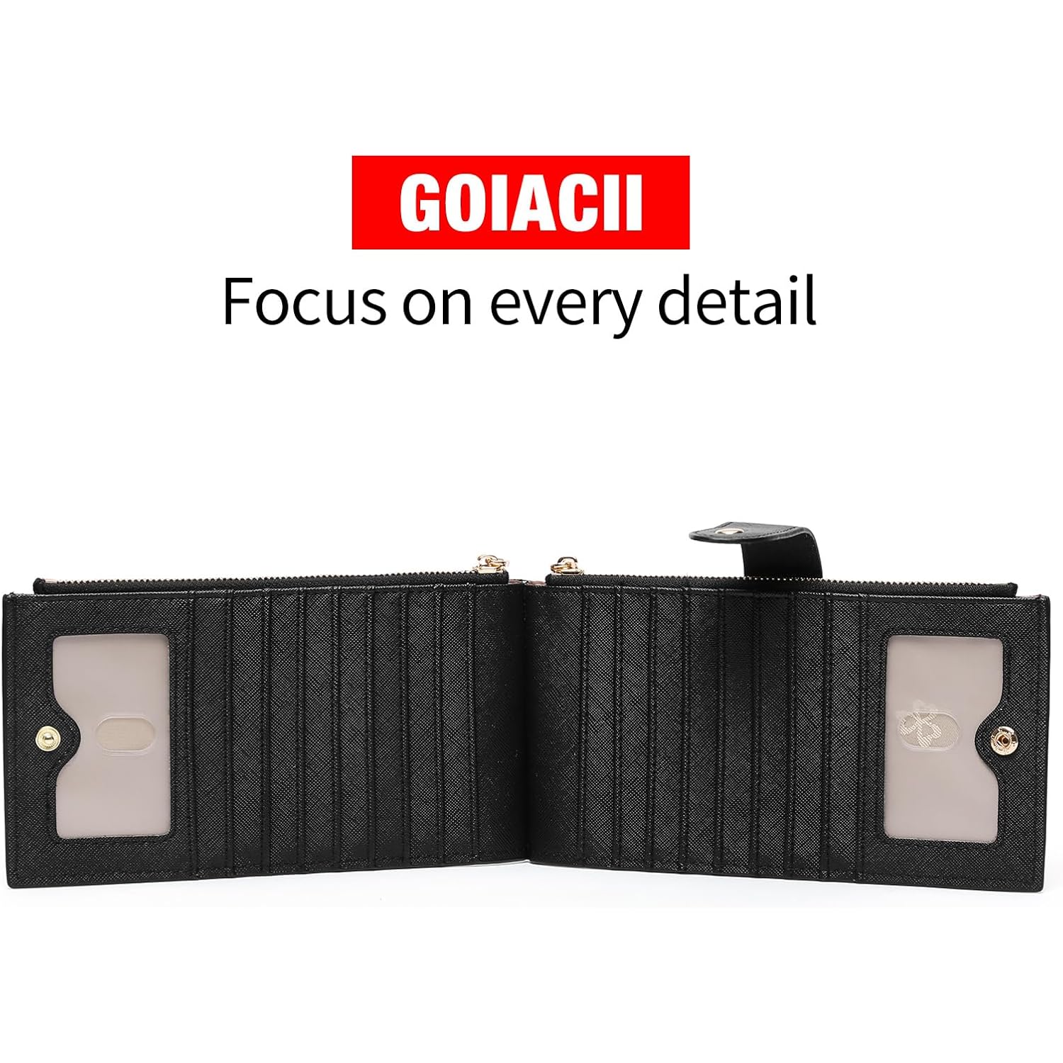 GOIACII Slim Wallets for Women RFID Blocking Card Holder 2 Zipper Pockets Thin Ladies Clutch Purse Black