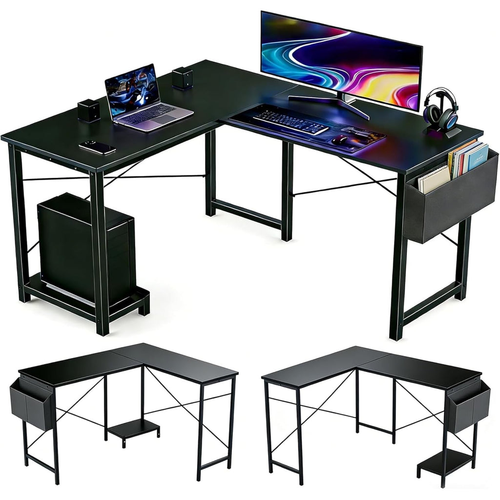 L Shaped Desk, 50 Inch Reversible Computer Desk Corner Gaming Table With Cpu Stand & Storage Bag, Sturdy Metal Frame Pc Workstation For Home Office, Black Wood