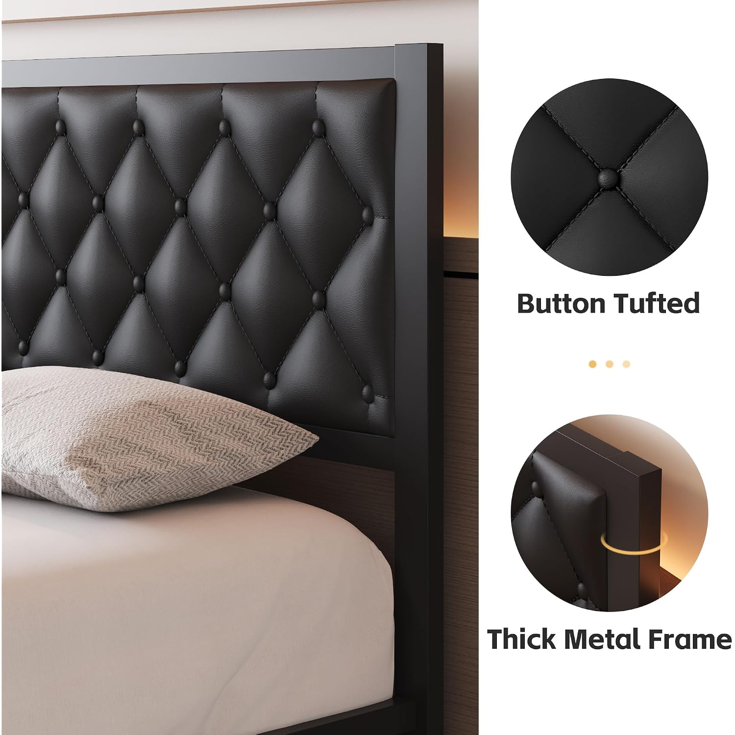 Queen Bed Frame With Headboard Pu Leather Upholstered Bed Frame Platform,All Metal Slats Support Platform Bed Frame With Storage Space,Easy Assembly,Noise Free,No Box Spring Needed,Black