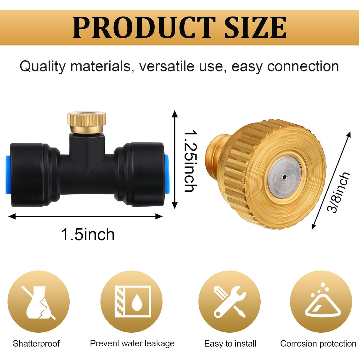 Hotop 20 Pieces Brass Misting Nozzles 1/4 Inch, Mister Replacement Nozzles Tees With Plugs For Outdoor Cooling System, Misting System Accessories For Patio, Greenhouse, Garden