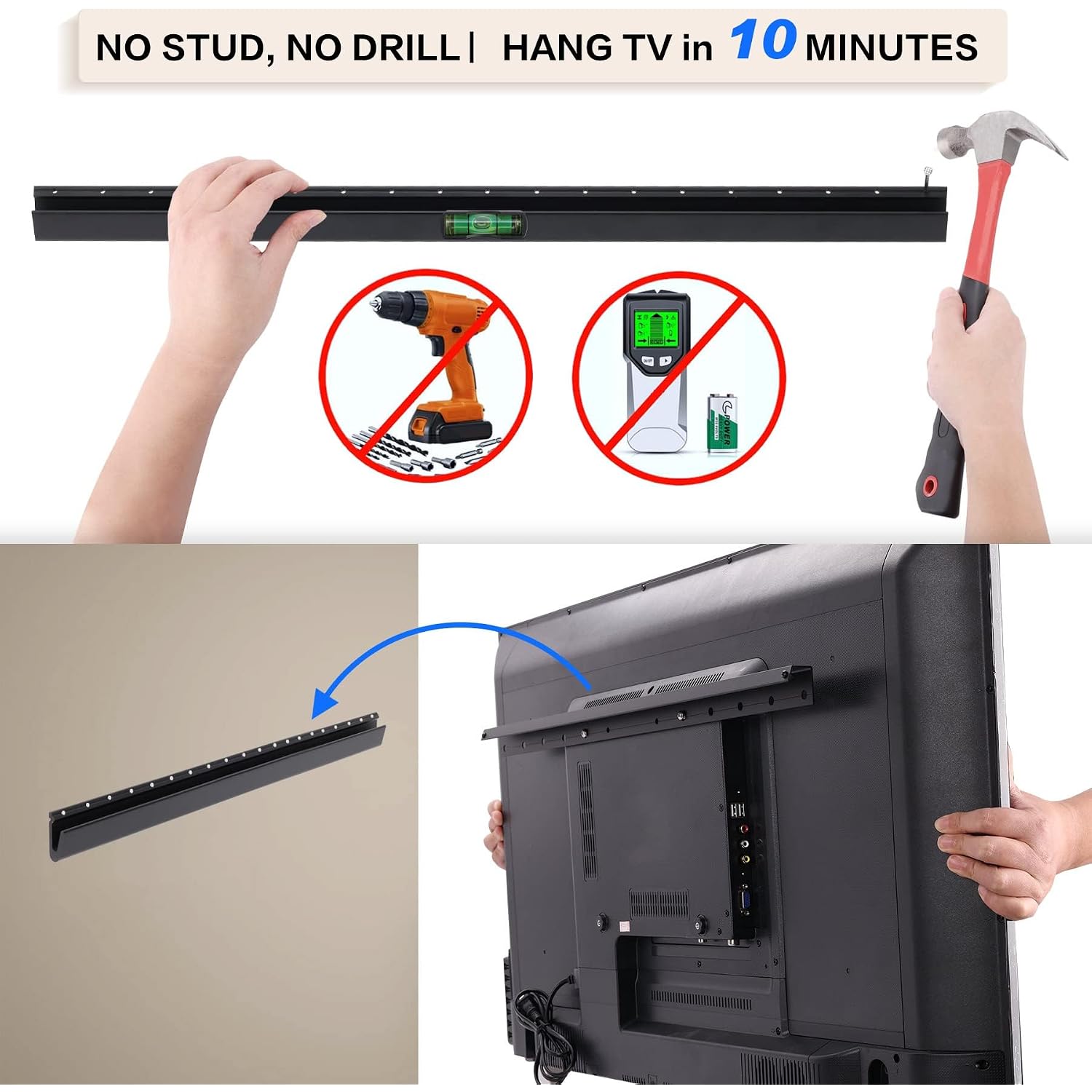 No Drill Drywall Tv Mount, No Stud Tv Wall Mount For Most Brand 22-55 Inch Tvs Up To 100 Lbs, Easy Install No Stud Studless Tvs Wall Mount, Include All Hardware- Level Bubble Meter