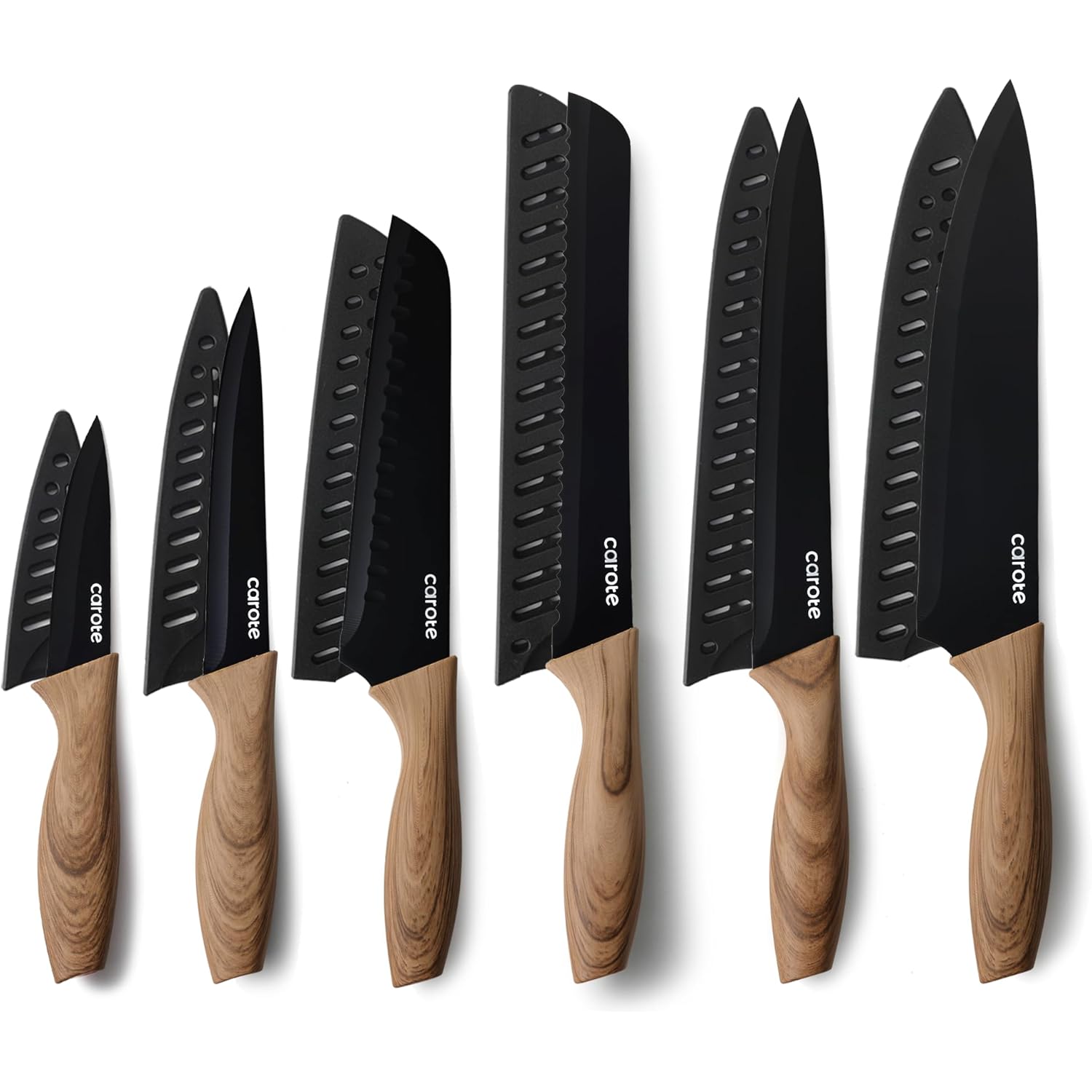 CAROTE 12PCS Knife Set, Stainless Steel Kitchen Knife Set with Nonstick Ceramic Coating, 6 Knives with Blade Guards, Rustproof, Easy-Clean, Black