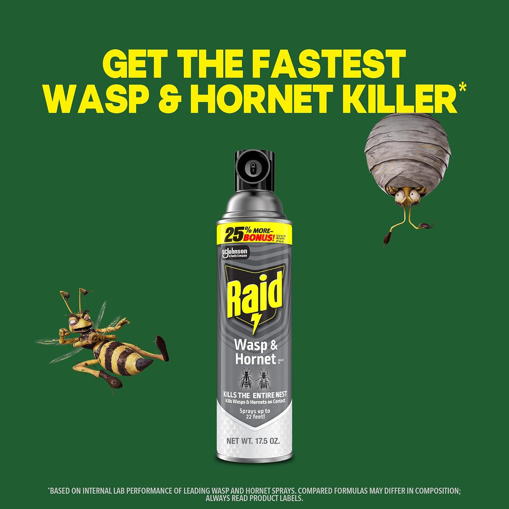 Raid Wasp & Hornet Killer Spray, Kills The Entire Nest, For Paper Wasps, Yellow Jackets, Mud Daubers, And More, 17.5 Oz