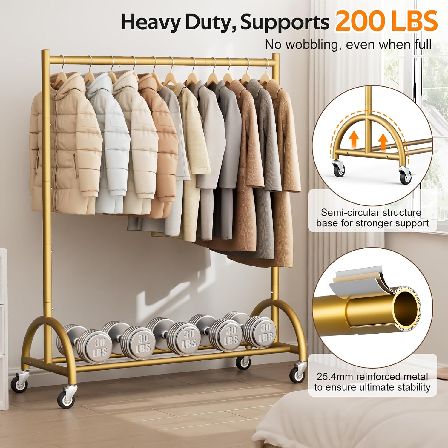 Misslo Heavy Duty Clothing Rack With Wheels Rolling Clothes Racks For Hanging Clothes, Coats, Garment, Dress, Gold
