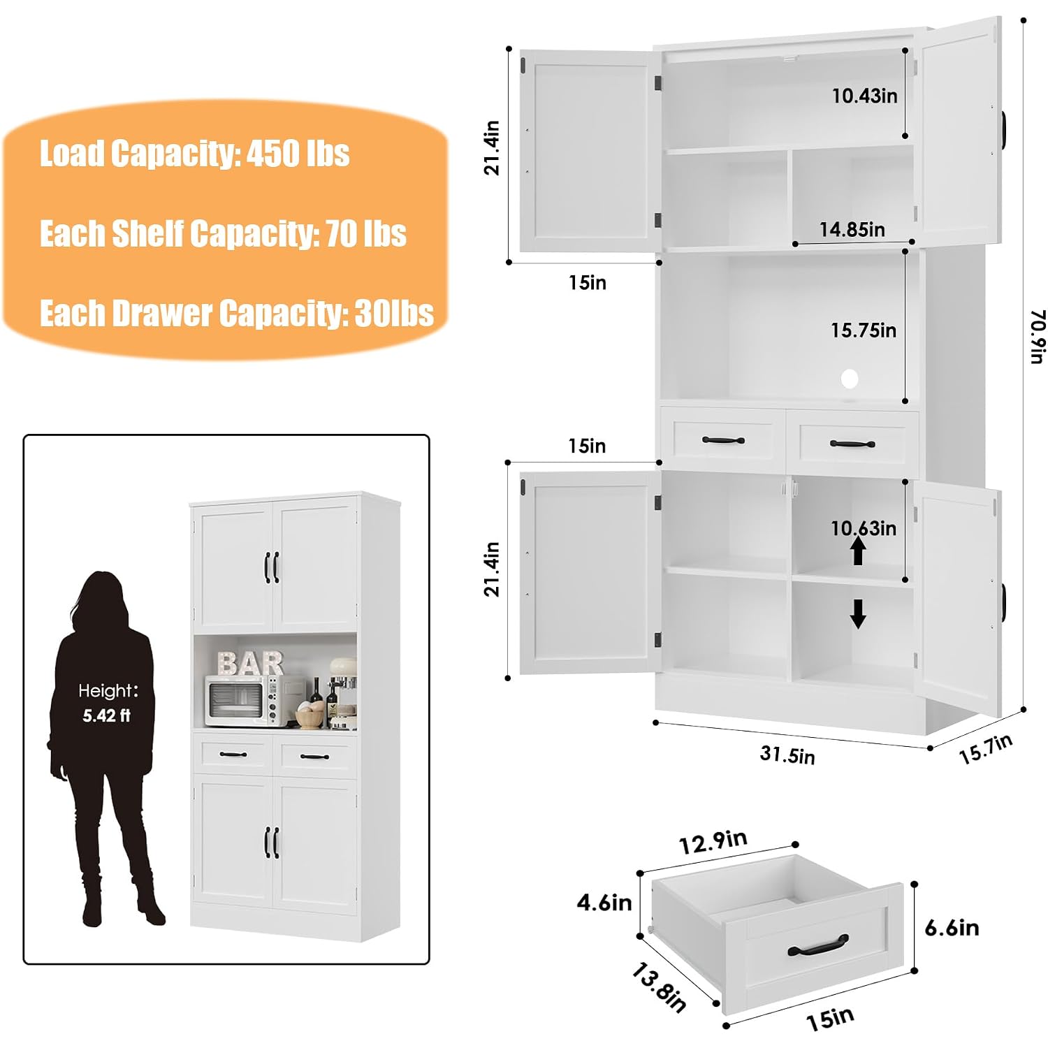 Hostack 71" Tall Kitchen Pantry Storage Cabinet, Wood Kitchen Hutch, White | Modern Pantry Cabinet With Microwave Stand, Hutch Cabinet With Countertop & Drawers, Storage Cabinet For Living Room