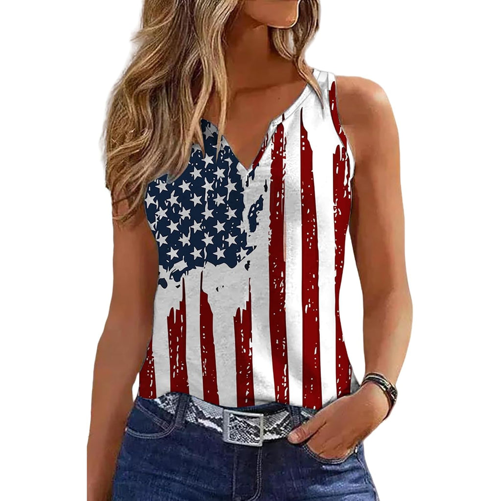Ovazly Women 4th of July V-Neck Tank Tops American Flag Print Vest USA Flag Sleeveless Tee Patriotic Summer Shirts