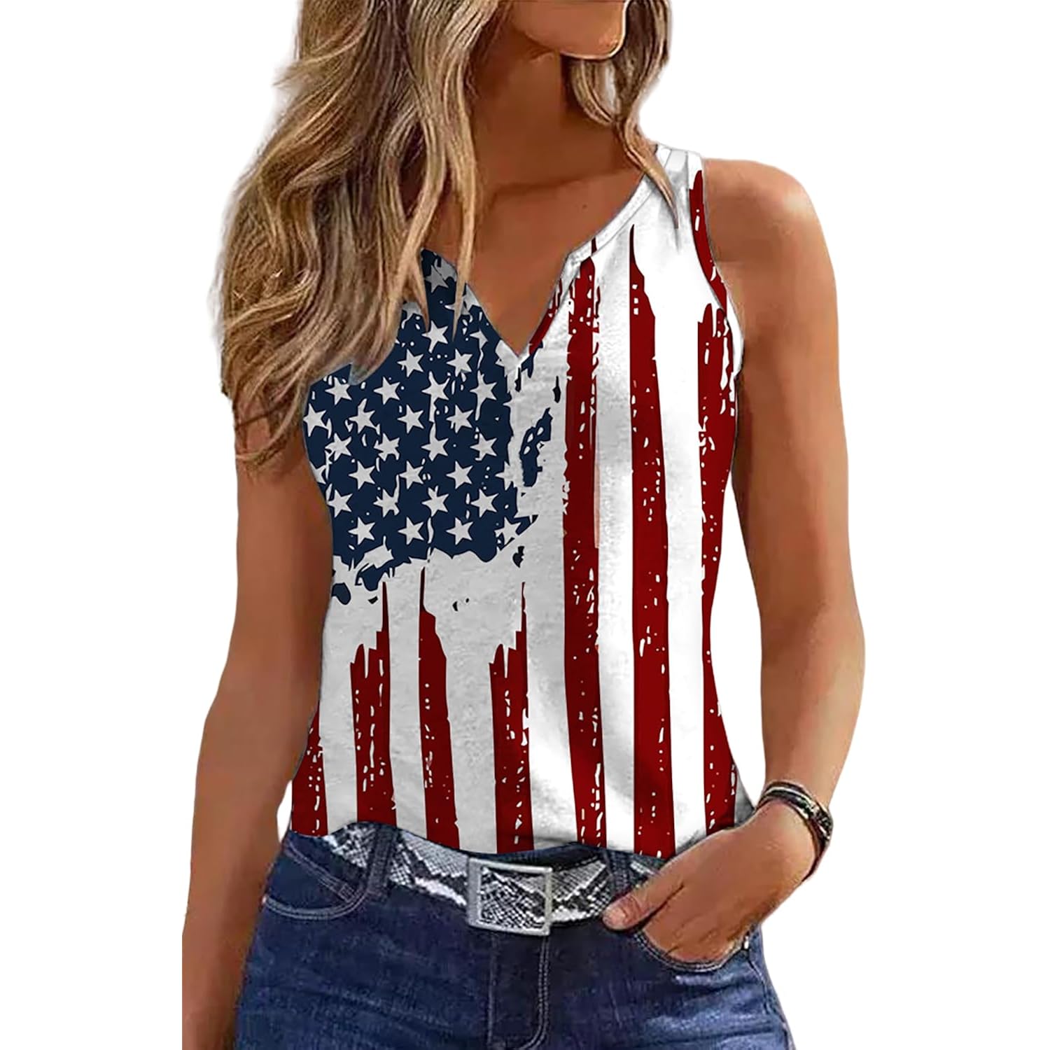 Ovazly Women 4th of July V-Neck Tank Tops American Flag Print Vest USA Flag Sleeveless Tee Patriotic Summer Shirts