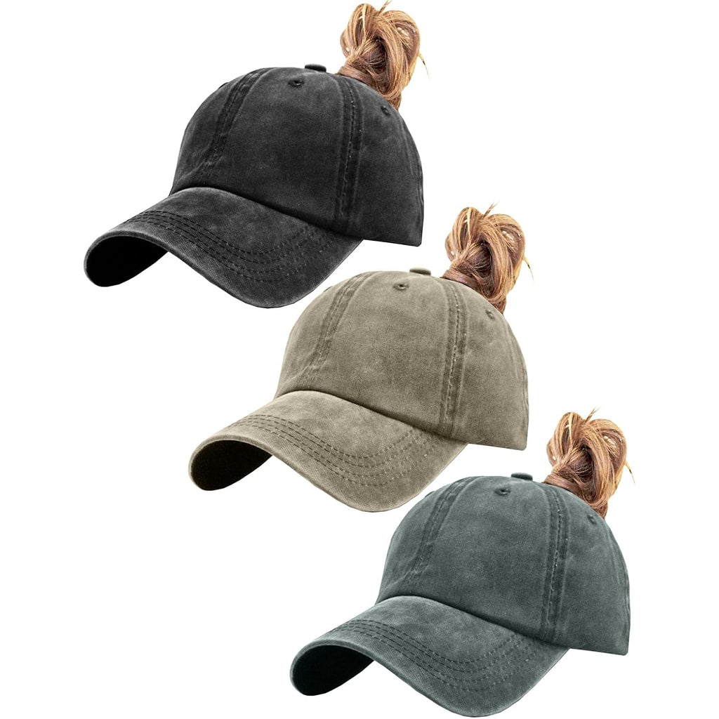 Womens Vintage Washed Distressed Baseball-Cap with Ponytail Hole Sport Golf Hat Black+green+khaki